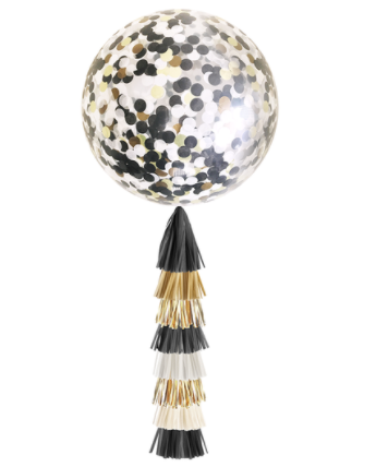 Jumbo Confetti Balloon & Tassel Tail One Black, White & Gold