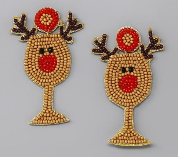 Christmas Rudolph Wine Glass Beaded Earrings