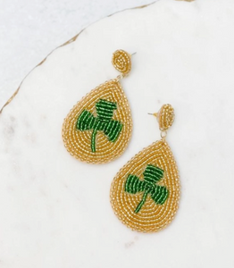 Teardrop Clover Beaded Statement Earrings - Gold