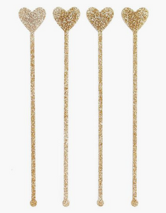 Gold Glitter Hearts Drink Stirrers