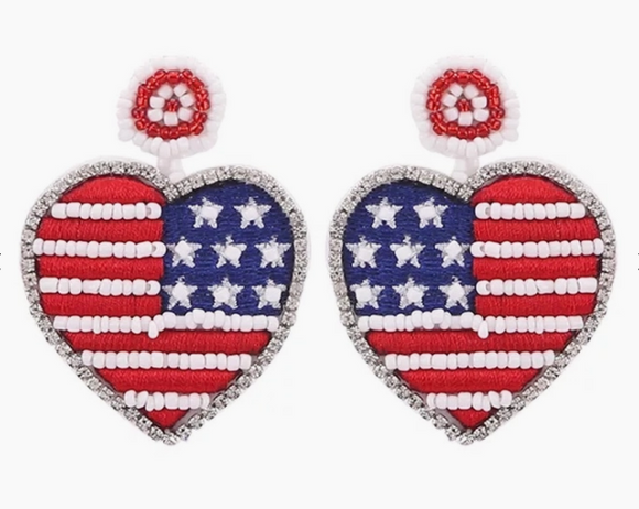 American Flag Heart Beaded Earrings