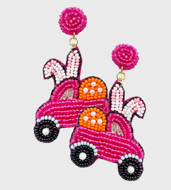 Easter Bunny Car Beaded Earrings - Hot Pink