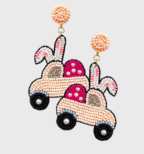Easter Bunny Car Beaded Earrings - Light Pink