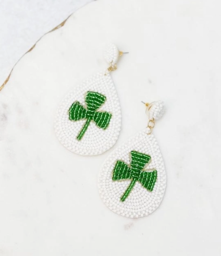 Teardrop Clover Beaded Statement Earrings - White