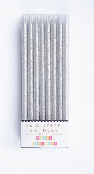 Tall Solid Silver Glitter Candle Set