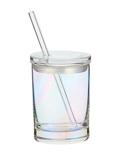 Iridescent Glass with Lid and Straw