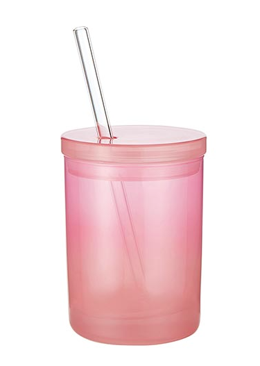 Coral Pink Glass with Lid and Straw