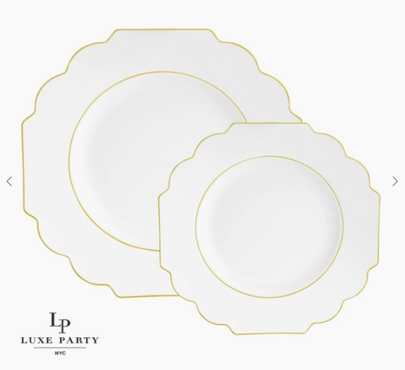 Scalloped White w/ Gold Plastic Dinner Plates