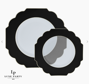 Scalloped Black w/ Gold Clear Plastic Dinner Plates