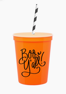 Boo Y'all Halloween Kids Cups & Straws - Orange