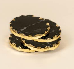 Black Marble Coaster w/ Gold Edge - Round