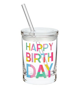 Happy Birthday Block Glass with Lid and Straw