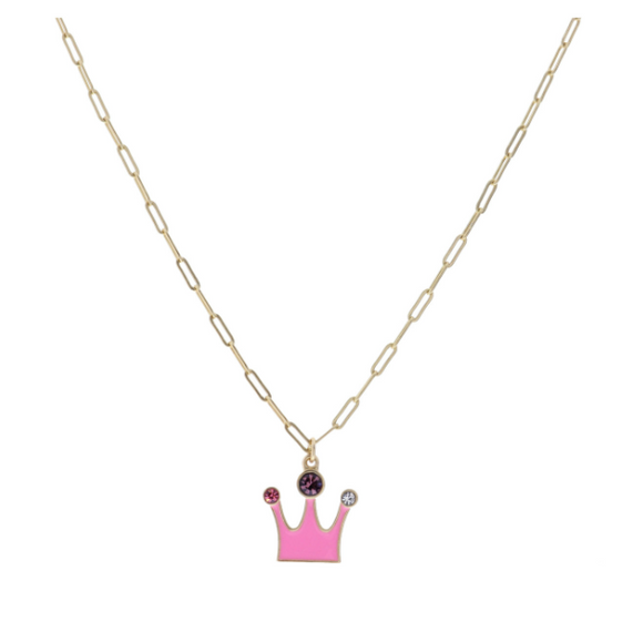 Kids Pink Crown w/ Multi Crystals Necklace
