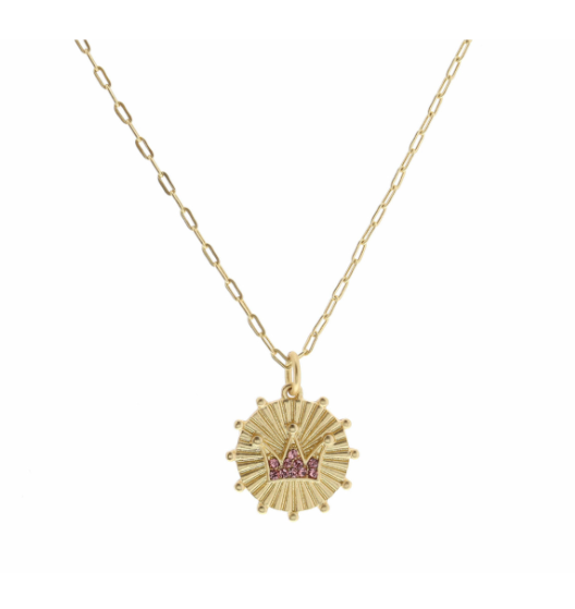 Kids Pink Crystal Crown on Gold Disc w/ Studs Necklace