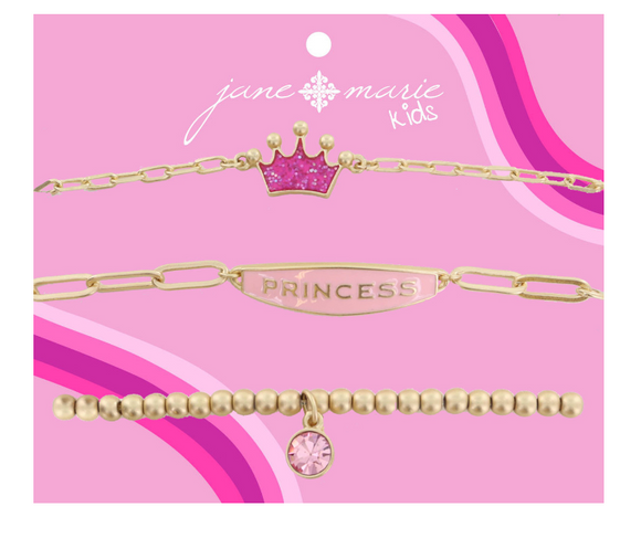 Gold Crown w/ Pink Glitter, Pink Princess, & Gold Ball Stretch w/ Pink Crystal Bracelets